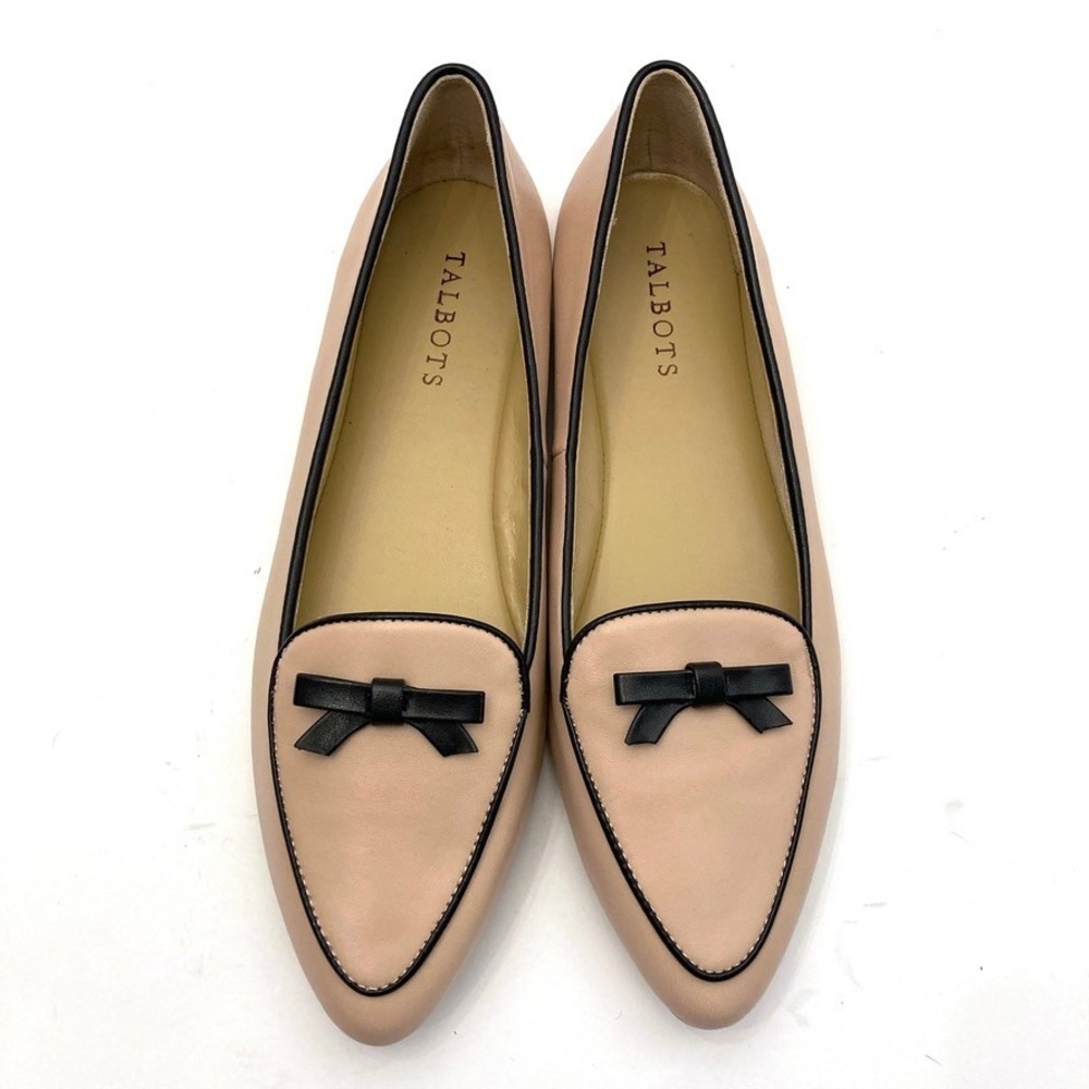 Talbots Pointed Toe Bow Flats Womens 8M Blush Pink Leather Black Accents NEW